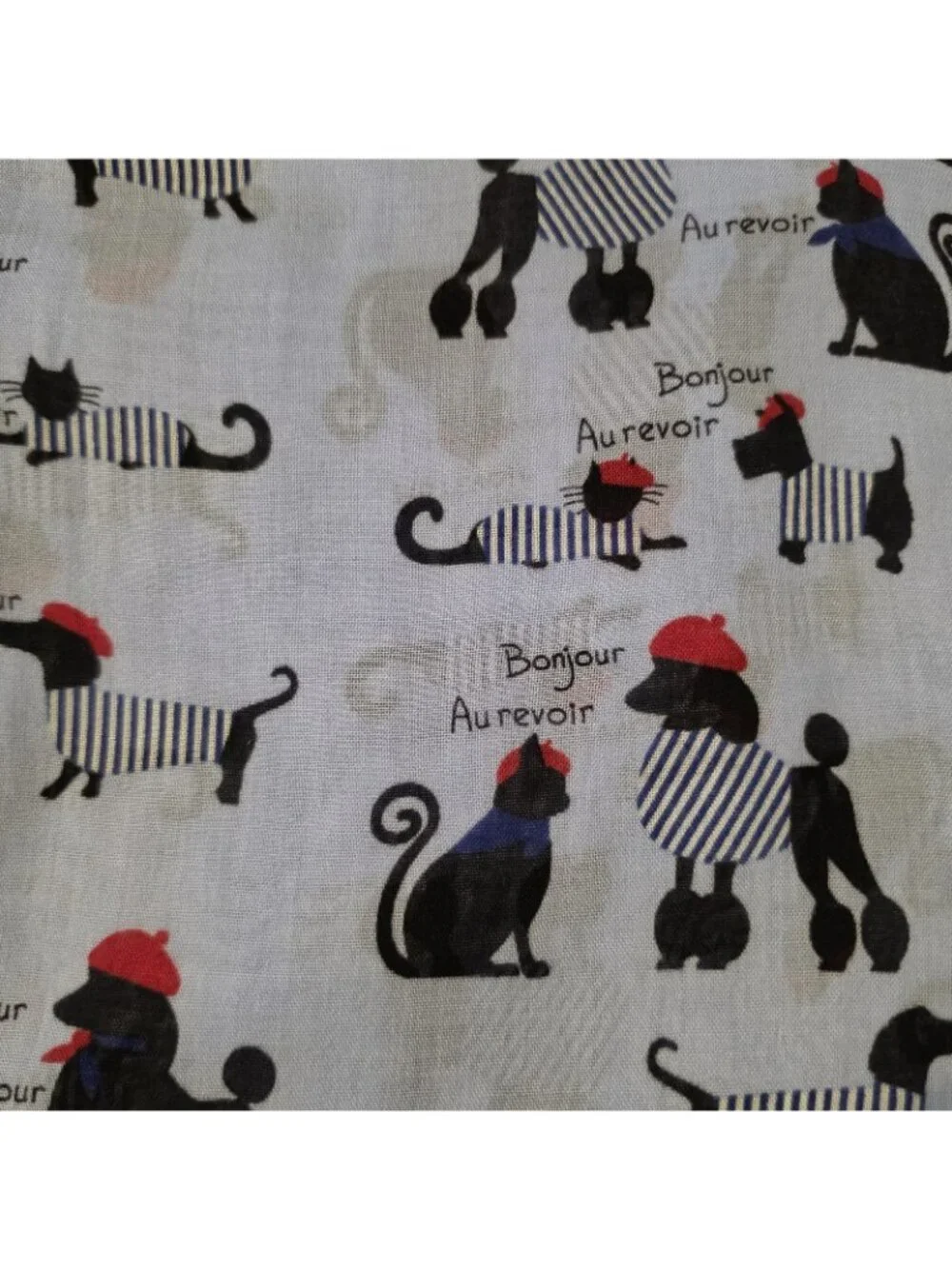 Talbots Paris Bonjour Au Revoir Dog Cat Print Scarf Blue Viscose Wrap Shawl
